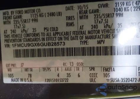 2016 Ford Escape Se from USA, damaged, VIN 1FMCU9GX6GUB28573